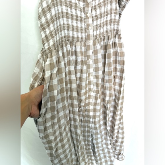 Aerie Cotton Gingham Midi Dress Smocked Tie Straps Beige White Womens Large - Picture 4 of 6